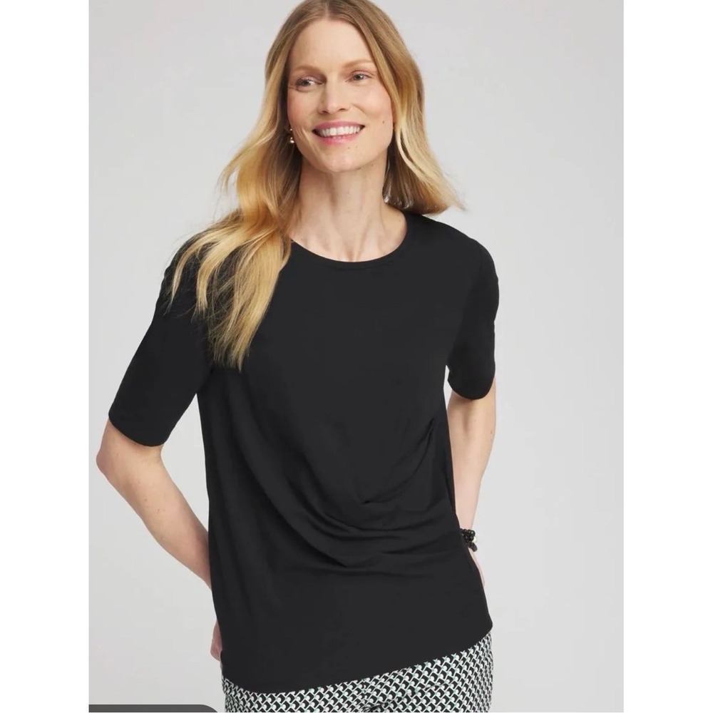 Chico's Black Short Sleeve Draped Front Tee Shirt Size 1 Medium US 8 Crew Neck